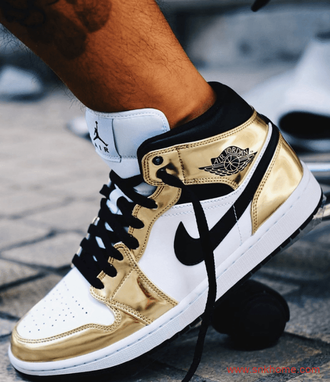 AJ1金角大王白金配色发售 Air Jordan 1 Mid SE Metallic Gold 白金AJ1中帮上脚图 货号：DC1419-700